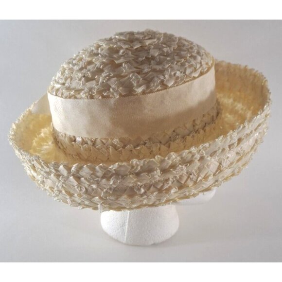 Vintage Marshall Fields Womens White Straw Hat Bow Band Summer Mid Century 23\